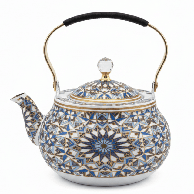 Blue & White Mosaic Metal Tea Kettle with Crystal Lid & Ergonomic Handle — 1.5 Litre | Arabic Majlis Hospitality Teapot - Al Kabayel Discount CentreBlue & White Mosaic Metal Tea Kettle with Crystal Lid & Ergonomic Handle — 1.5 Litre | Arabic Majlis Hospitality TeapotTea/Coffee PotsAKDCAl Kabayel Discount Centre