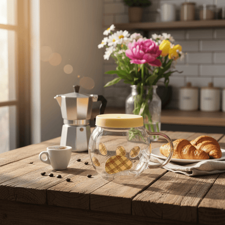 Borosilicate Glass Mug with Silicone Lid & Rose Handle | 300ml | Golden Oval Print - Al Kabayel Discount CentreBorosilicate Glass Mug with Silicone Lid & Rose Handle | 300ml | Golden Oval PrintMugsAKDCAl Kabayel Discount Centre