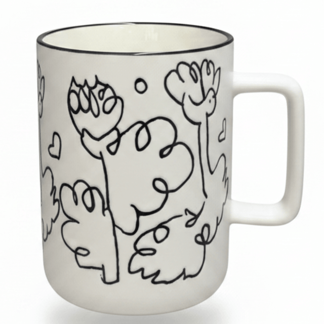 Botanical Line Art Ceramic Mug – White & Black | 400ml | - Al Kabayel Discount CentreBotanical Line Art Ceramic Mug – White & Black | 400ml |MugsAKDCAl Kabayel Discount Centre