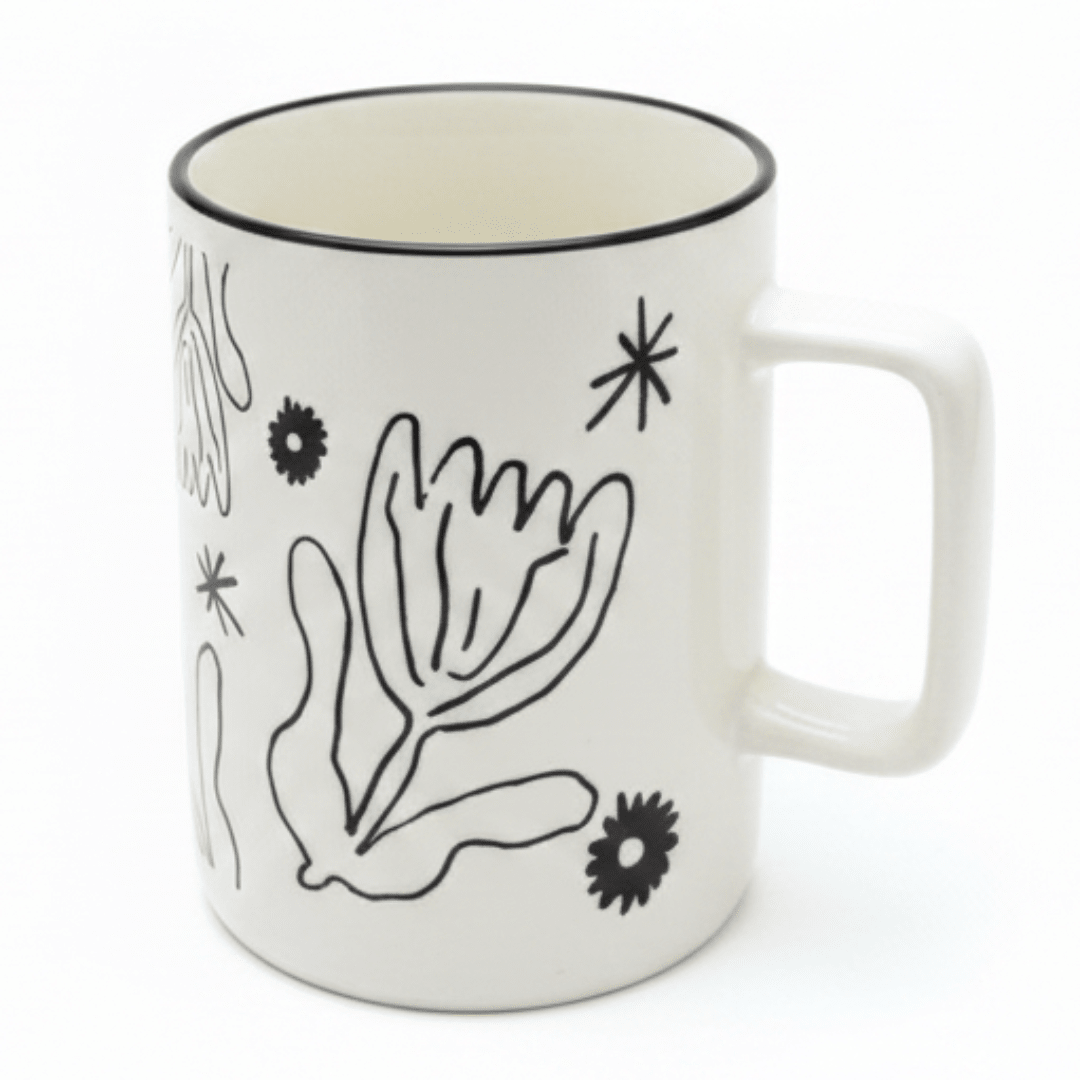 Botanical Line Art Ceramic Mug – White & Black | 400ml - Al Kabayel Discount CentreBotanical Line Art Ceramic Mug – White & Black | 400mlMugsAKDCAl Kabayel Discount Centre