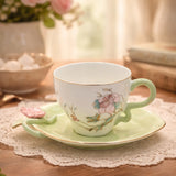 Angela BRD-434 Milk Cup with Saucer Set – 12 Pieces – Mint Green Floral Design with Gold Rim