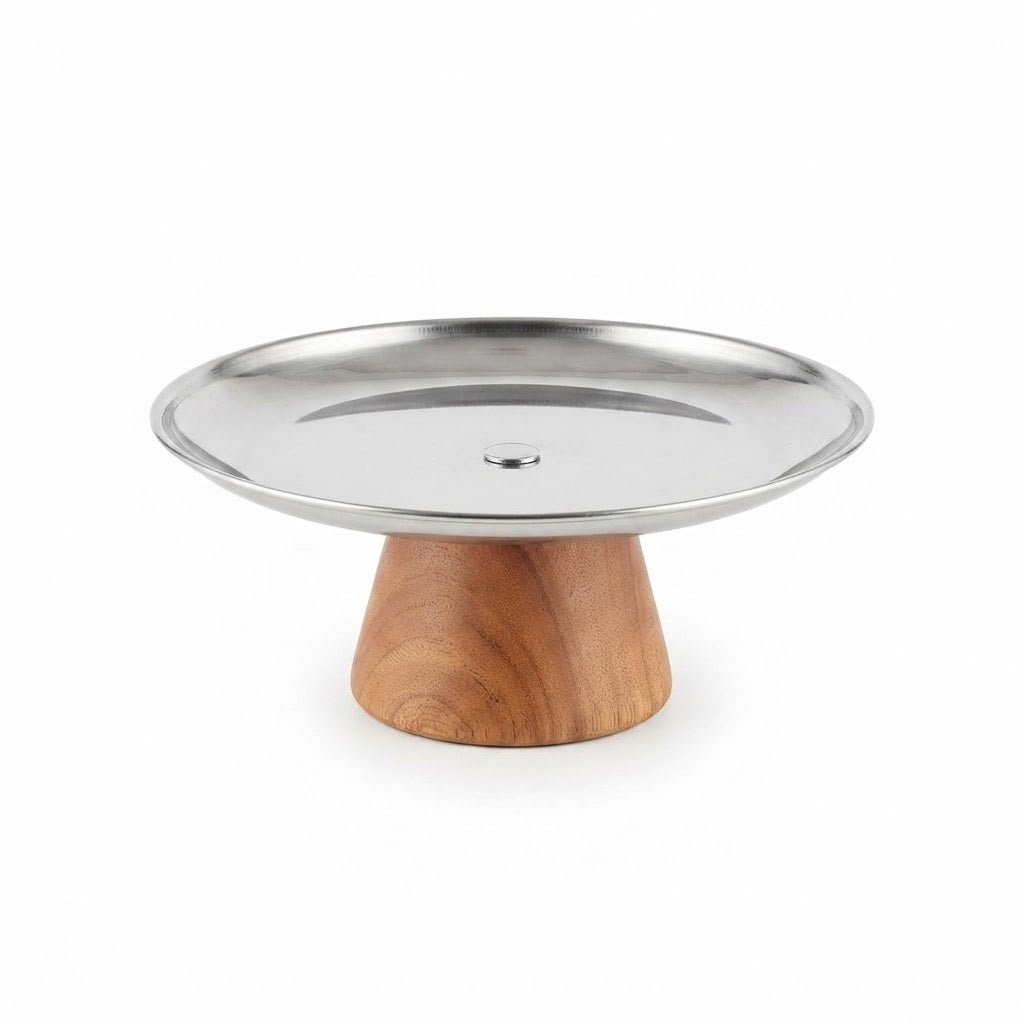 Brown Wooden Footed Silver Stainless Steel Serving Plate - 20×8 cm - Al Kabayel Discount CentreBrown Wooden Footed Silver Stainless Steel Serving Plate - 20×8 cmServing TraysAKDCAl Kabayel Discount Centre