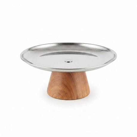 Brown Wooden Footed Silver Stainless Steel Serving Plate - 20×8 cm - Al Kabayel Discount CentreBrown Wooden Footed Silver Stainless Steel Serving Plate - 20×8 cmServing TraysAKDCAl Kabayel Discount Centre