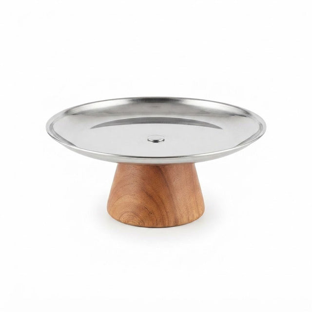 Brown Wooden Footed Silver Stainless Steel Serving Plate - 20×8 cm - Al Kabayel Discount CentreBrown Wooden Footed Silver Stainless Steel Serving Plate - 20×8 cmServing TraysAKDCAl Kabayel Discount Centre