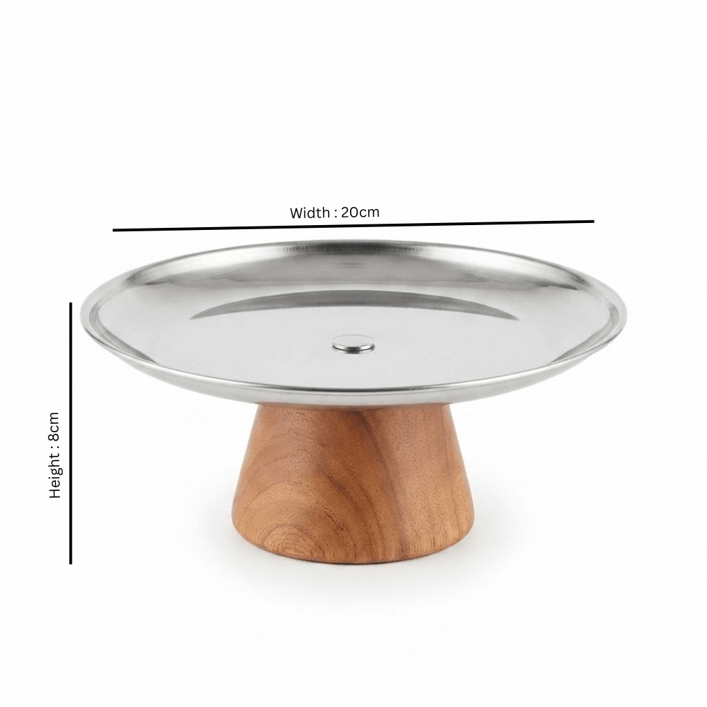 Brown Wooden Footed Silver Stainless Steel Serving Plate - 20×8 cm - Al Kabayel Discount CentreBrown Wooden Footed Silver Stainless Steel Serving Plate - 20×8 cmServing TraysAKDCAl Kabayel Discount Centre