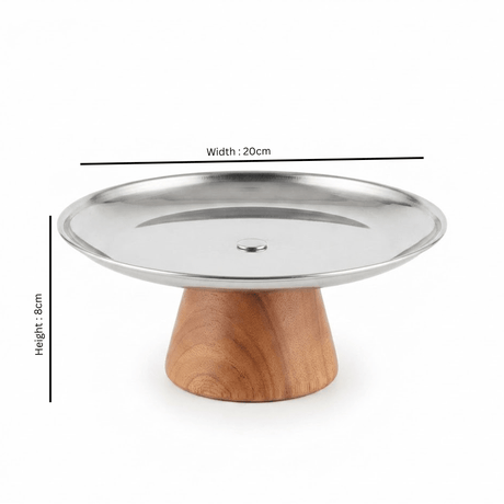 Brown Wooden Footed Silver Stainless Steel Serving Plate - 20×8 cm - Al Kabayel Discount CentreBrown Wooden Footed Silver Stainless Steel Serving Plate - 20×8 cmServing TraysAKDCAl Kabayel Discount Centre