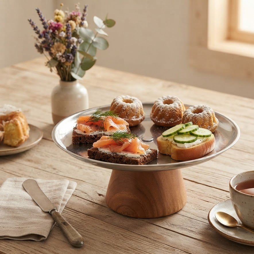 Brown Wooden Footed Silver Stainless Steel Serving Plate - 20×8 cm - Al Kabayel Discount CentreBrown Wooden Footed Silver Stainless Steel Serving Plate - 20×8 cmServing TraysAKDCAl Kabayel Discount Centre