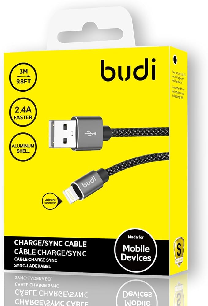 BUDI iPhone, iPad Lightning Charging Cable (5V/2.4A), Nylon Braided,3meter, Black - Al Kabayel Discount CentreBUDI iPhone, iPad Lightning Charging Cable (5V/2.4A), Nylon Braided,3meter, BlackCords & AdaptersBUDIAl Kabayel Discount Centre