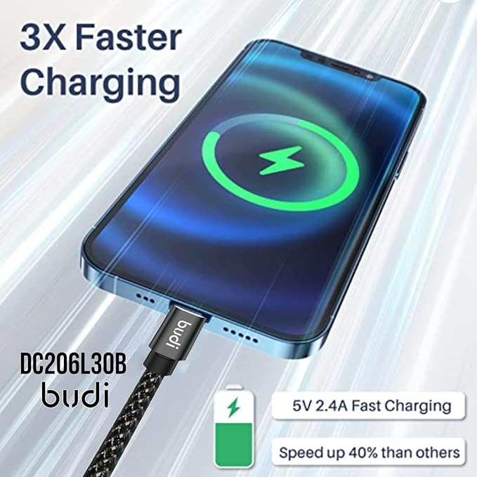BUDI iPhone, iPad Lightning Charging Cable (5V/2.4A), Nylon Braided,3meter, Black - Al Kabayel Discount CentreBUDI iPhone, iPad Lightning Charging Cable (5V/2.4A), Nylon Braided,3meter, BlackCords & AdaptersBUDIAl Kabayel Discount Centre