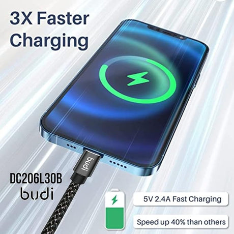 BUDI iPhone, iPad Lightning Charging Cable (5V/2.4A), Nylon Braided,3meter, Black - Al Kabayel Discount CentreBUDI iPhone, iPad Lightning Charging Cable (5V/2.4A), Nylon Braided,3meter, BlackCords & AdaptersBUDIAl Kabayel Discount Centre