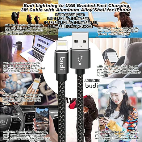 BUDI iPhone, iPad Lightning Charging Cable (5V/2.4A), Nylon Braided,3meter, Black - Al Kabayel Discount CentreBUDI iPhone, iPad Lightning Charging Cable (5V/2.4A), Nylon Braided,3meter, BlackCords & AdaptersBUDIAl Kabayel Discount Centre