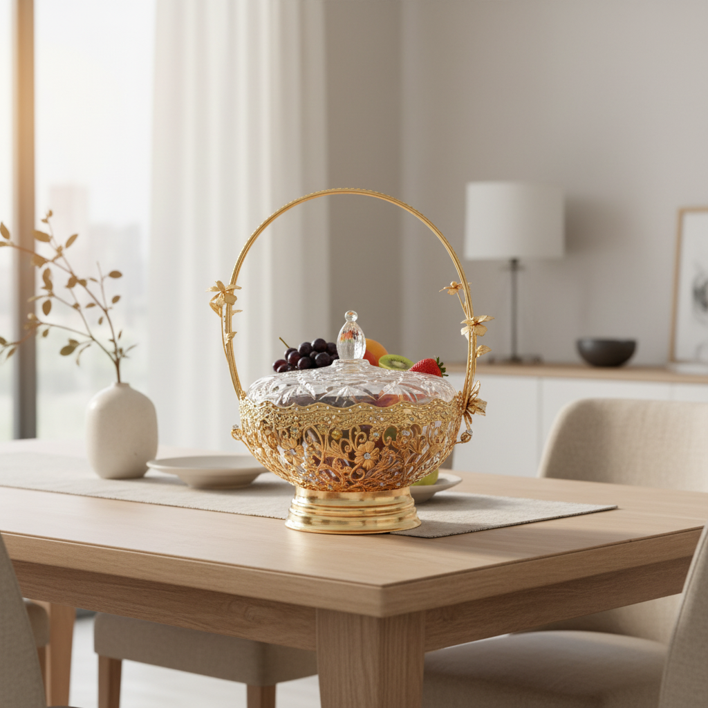 Future Star Metal & Glass Fruit Basket with Lid Gold - 25×35cm