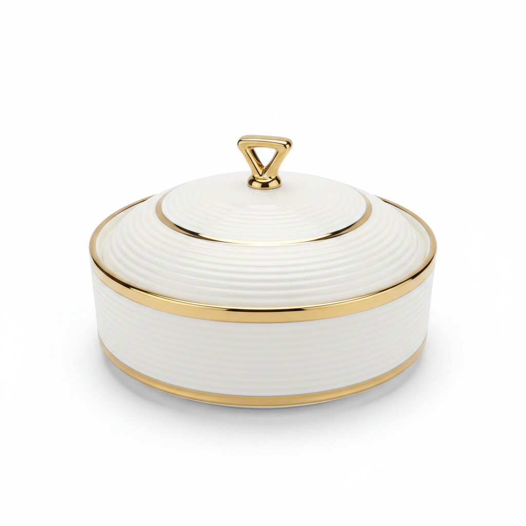 Ribbed Ceramic Serving Bowl with Lid White & Gold - 8-Inch