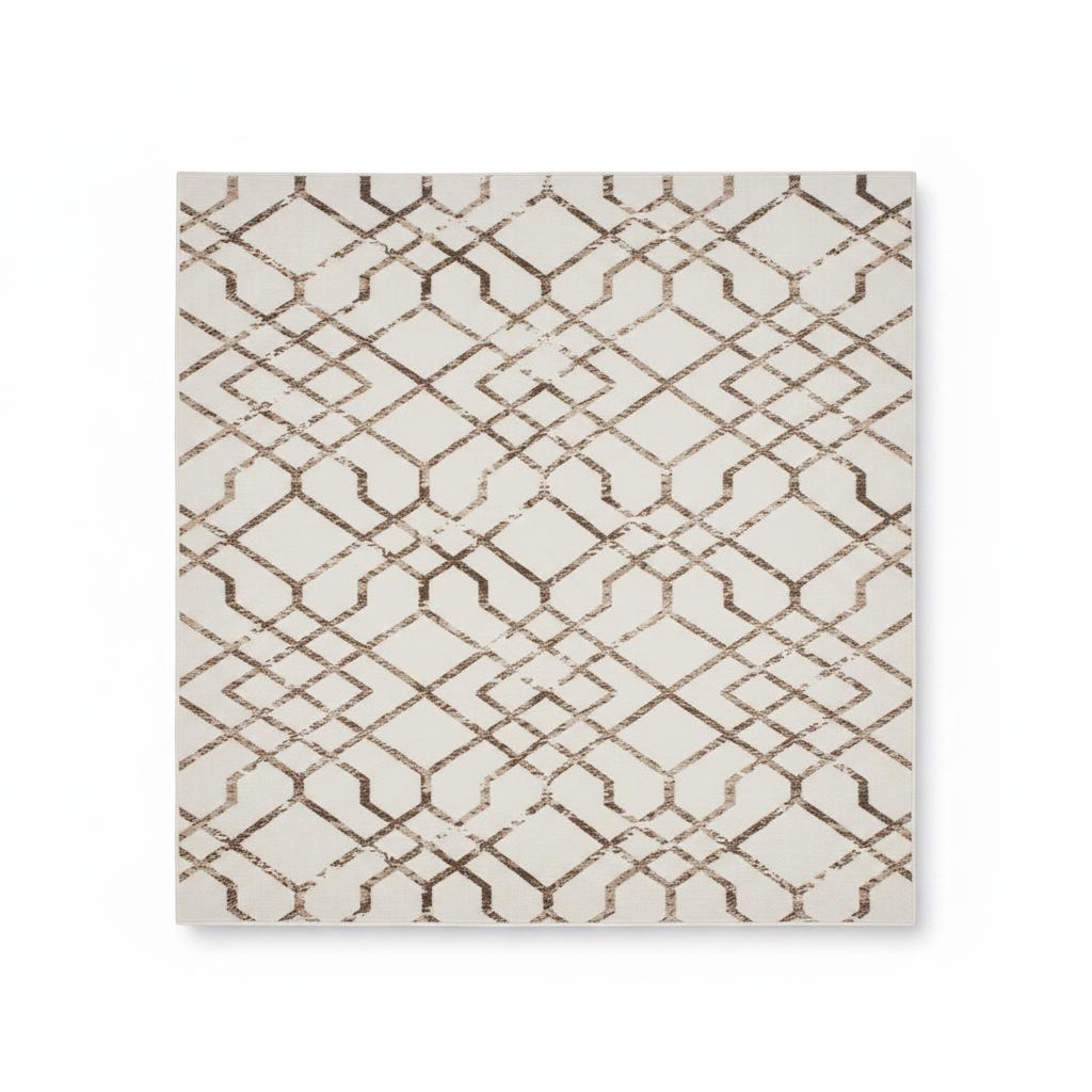 Anti-Slip Carpet Cream with Brown Geometric Pattern