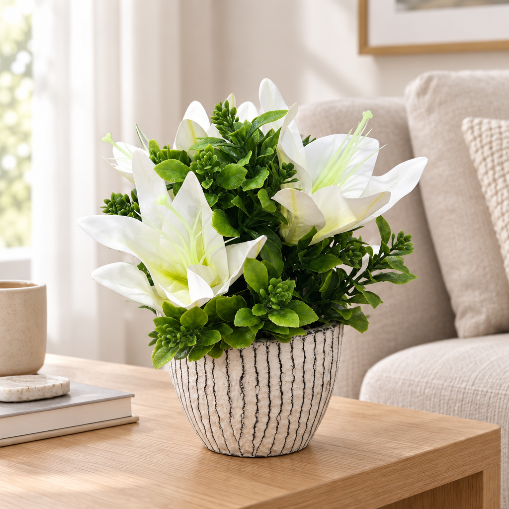 Artificial Lily-Style Flower Plant Ceramic Pot White  – 23cm