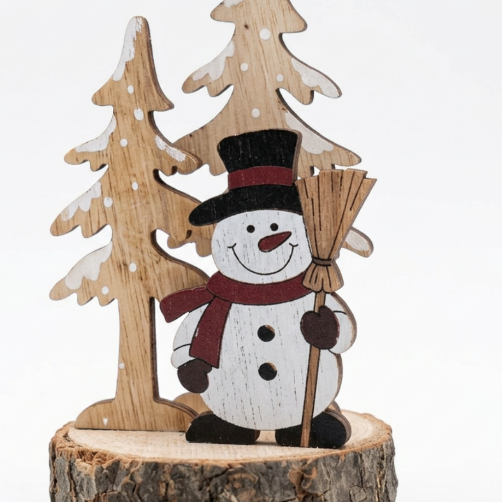 Wooden Christmas Snowman & Trees Tabletop Decoration - 12cm