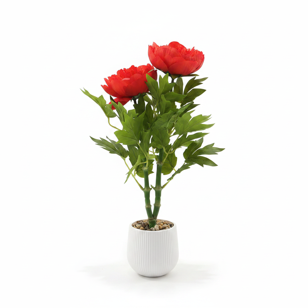 Artificial Flower Plant Red with White Plastic Pot - 40cm