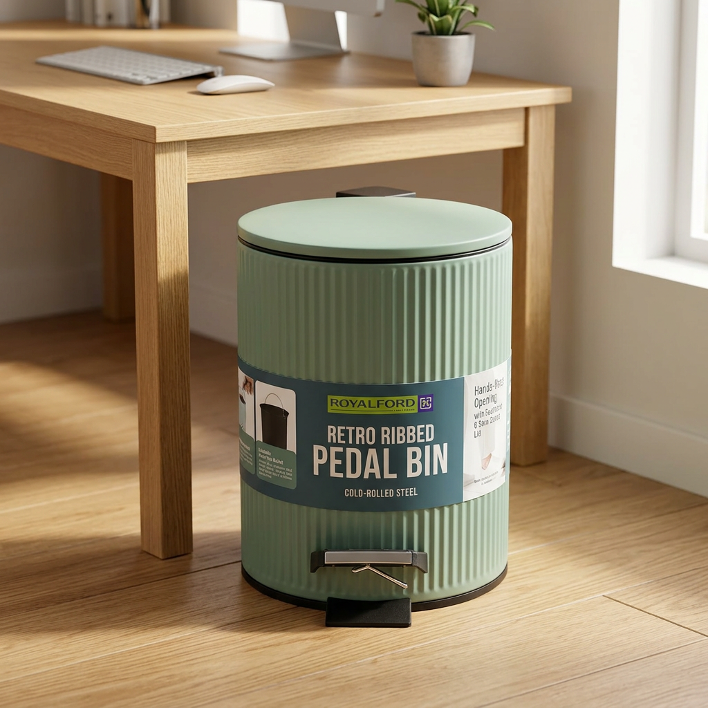Royalford Retro Ribbed Pedal Dustbin Sage Green - 3 Litres