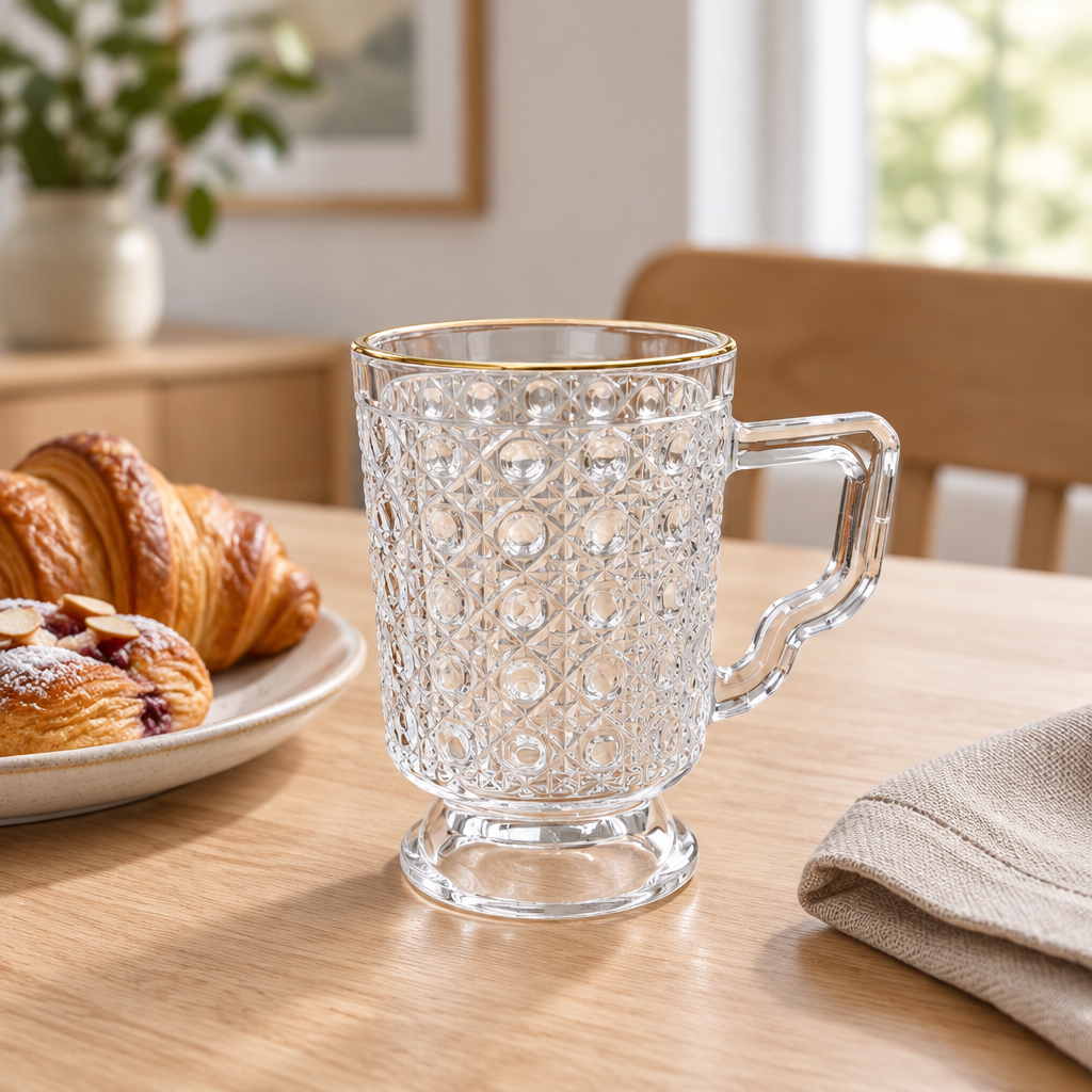 Textured Glass Mug with Gold-Colored Rim - 240ml