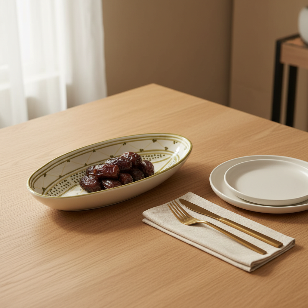 Slama White & Olive Gold Ceramic Oval Serving Plate - 31 cm