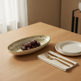 Slama White & Olive Gold Ceramic Oval Serving Plate - 31 cm