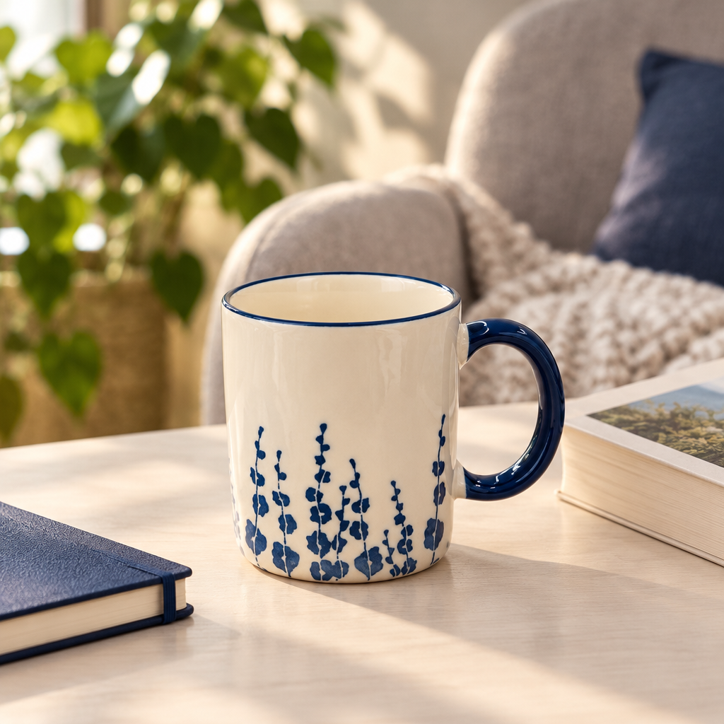 Ceramic Mug & Navy Blue Botanical Design - 350ml