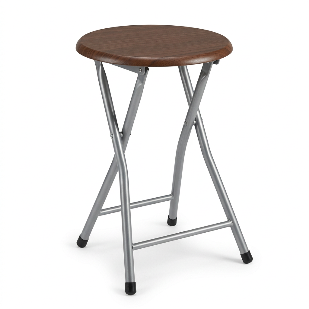 Wooden & Metal Folding Stool Brown & Silver – 30×45cm