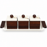 3-Piece Wooden Candy Bowl Set with Metal Tray Brown and Cream - 45×18cm