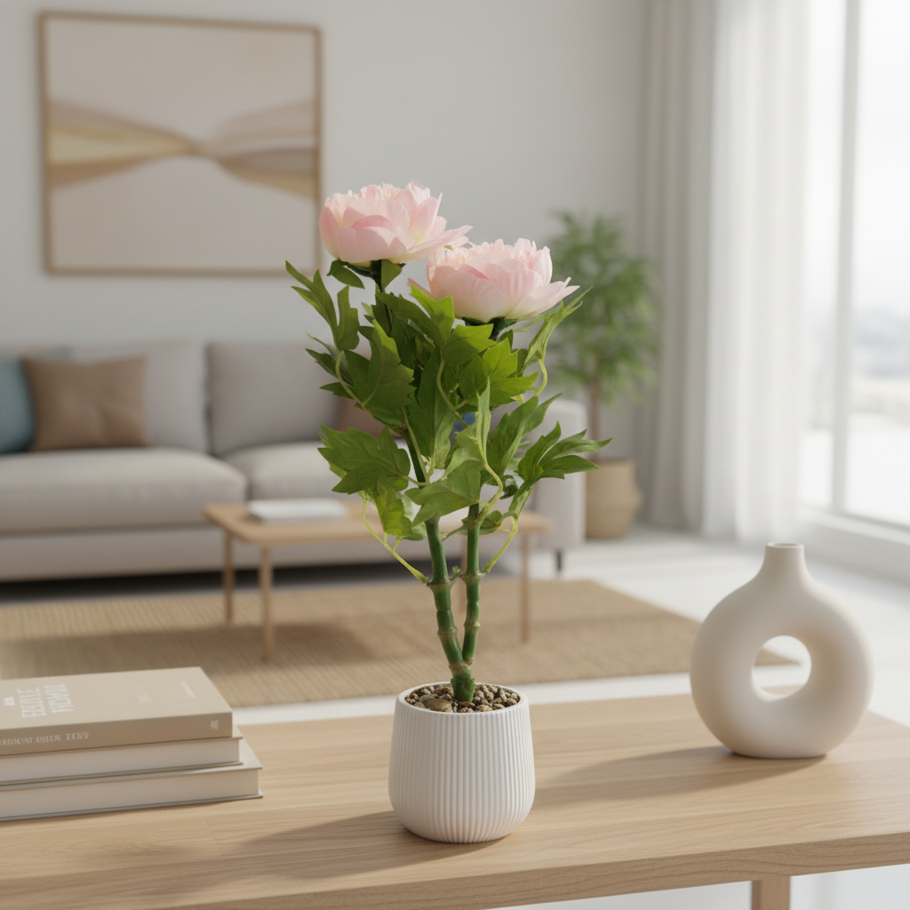 Artificial Flower Plant Light Pink with White Plastic Pot - 40cm