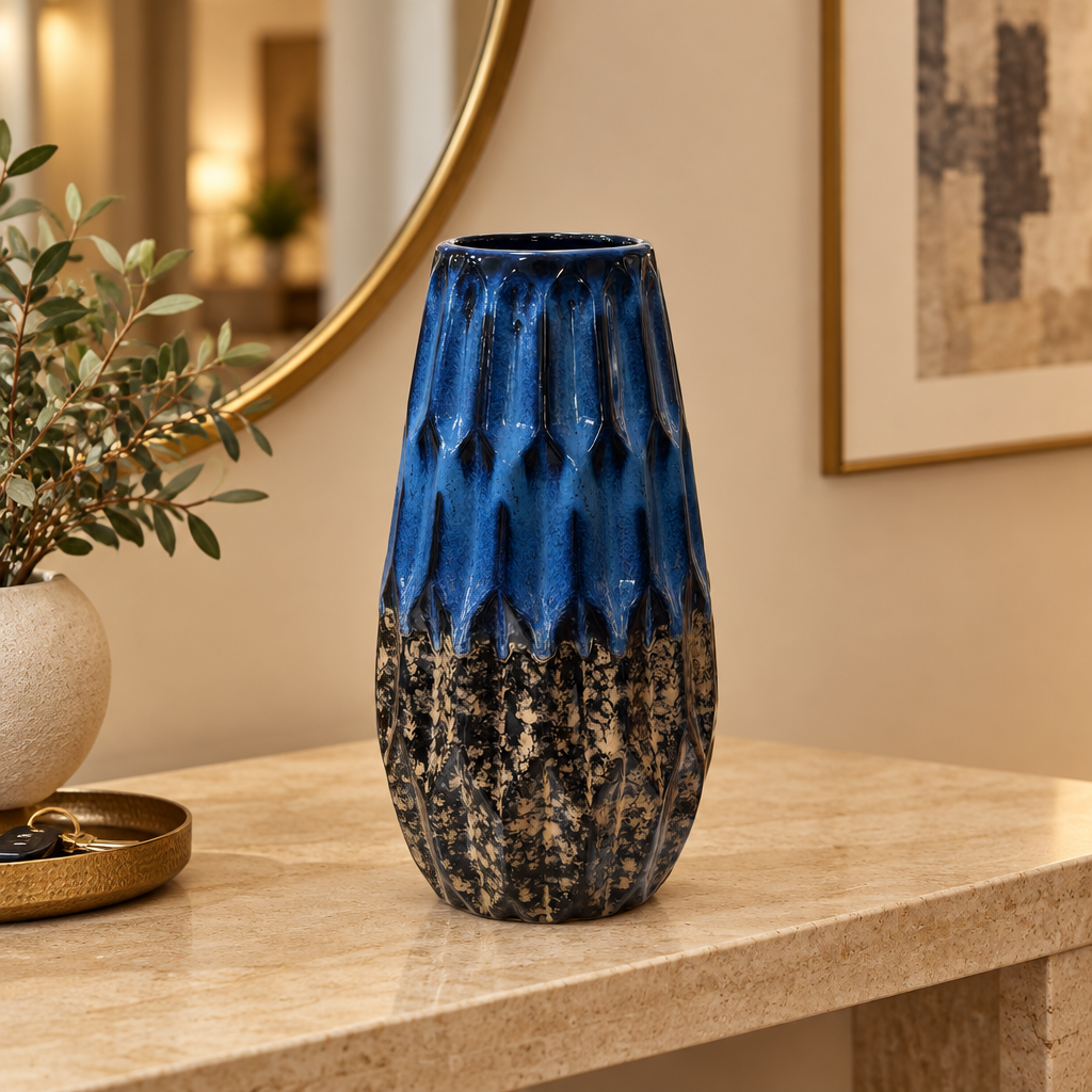 Ceramic Flower Vase Blue with Textured Beige - 32cm