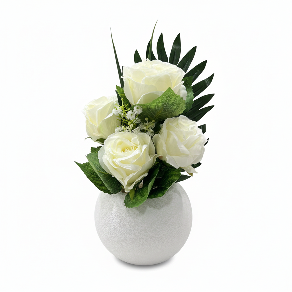 Artificial Rose Flower Plant White with White Plastic Pot - 30cm
