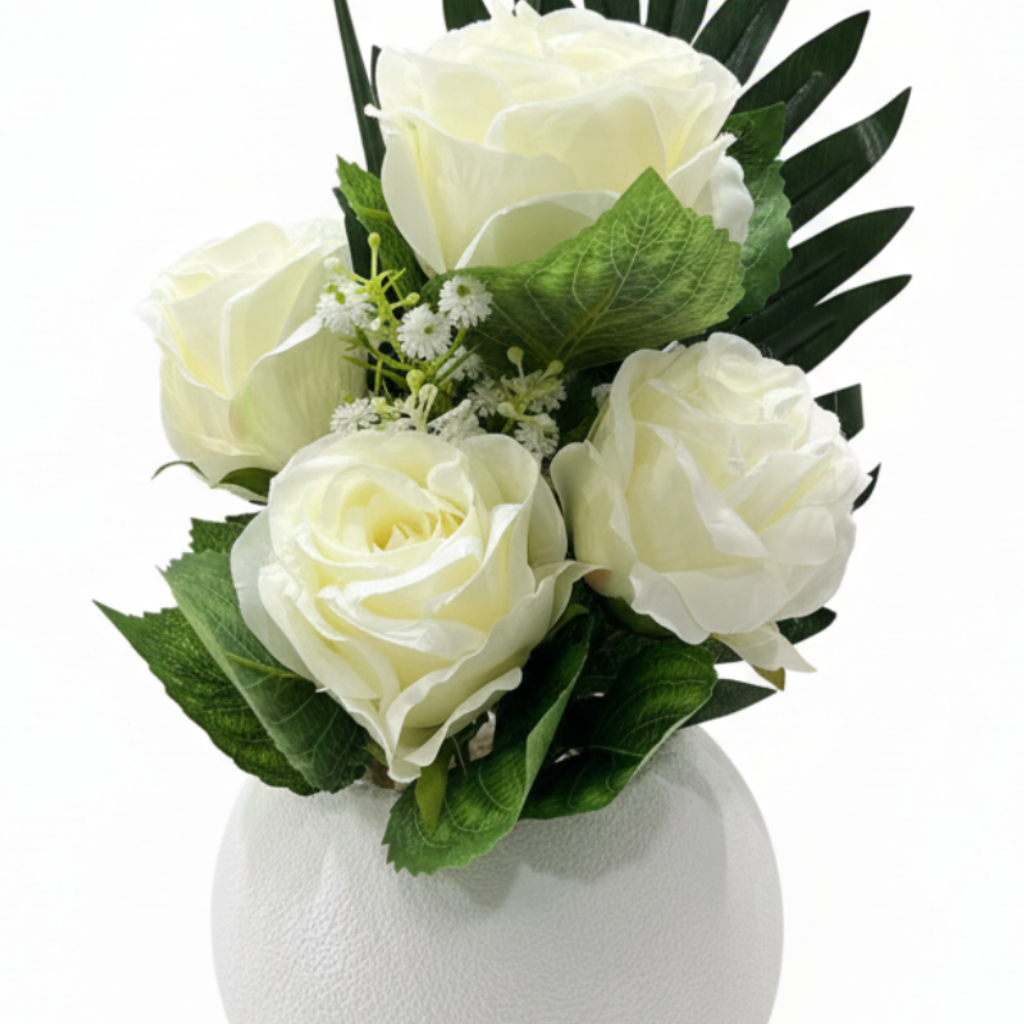Artificial Rose Flower Plant White with White Plastic Pot - 30cm