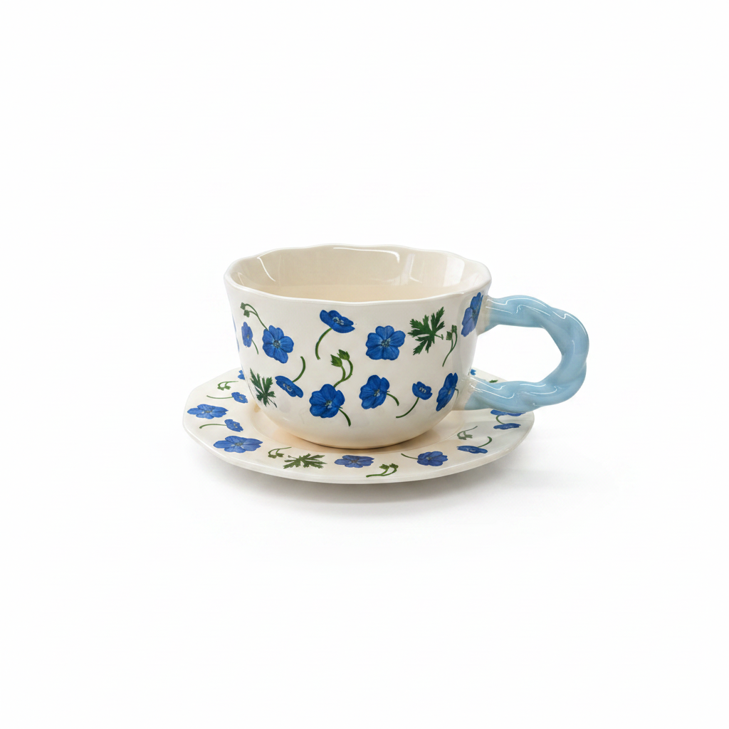 Ceramic Cup and Saucer Set with Blue Floral Design - 300ml