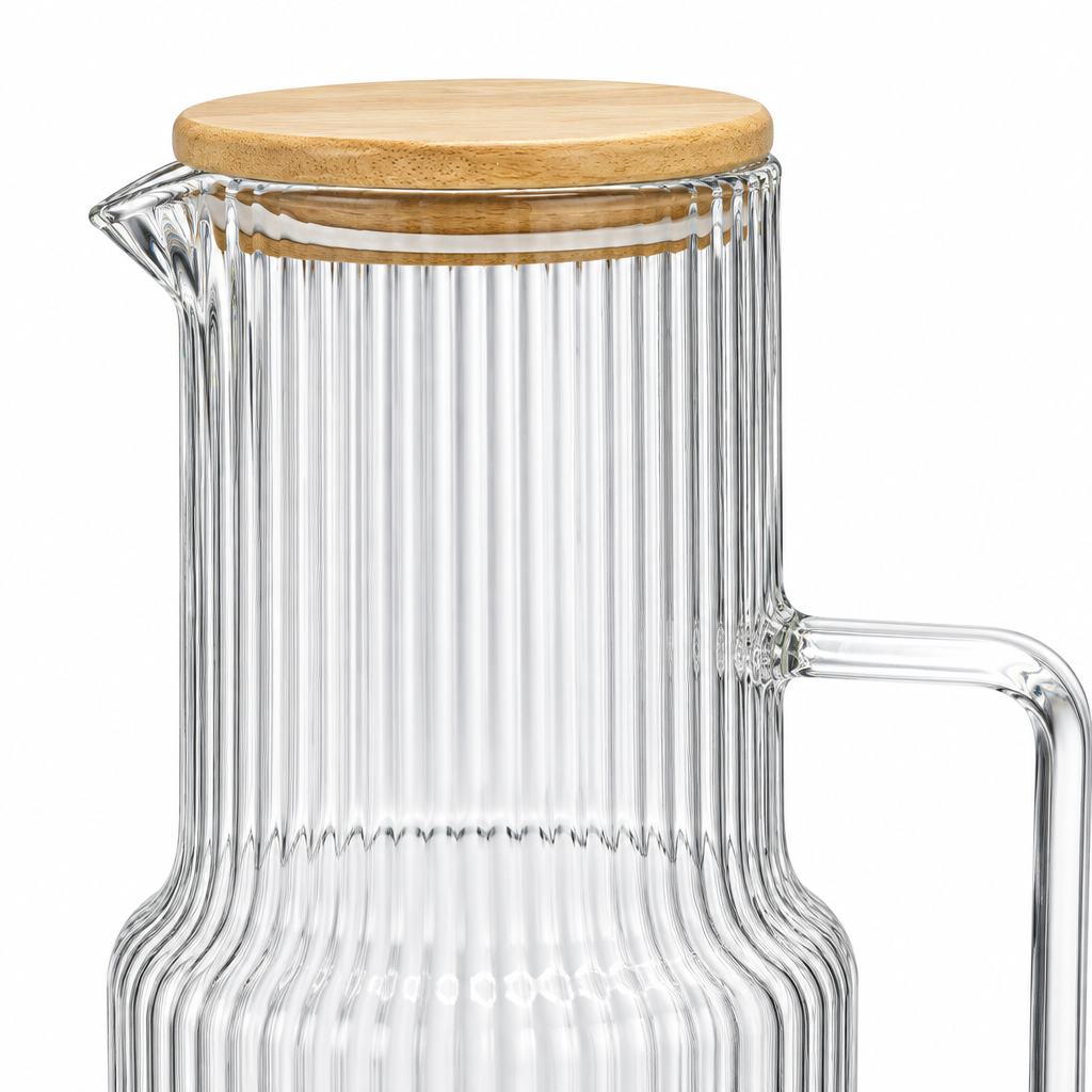 Happysmile Ribbed Glass Jug with Wooden Lid – 1 Litre