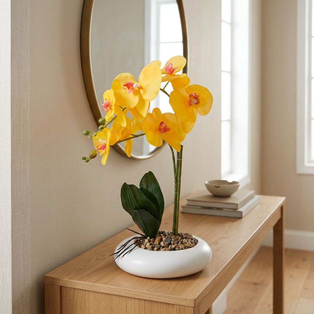 Artificial Plastic Orchid Plant with Ceramic Pot Yellow - 45cm