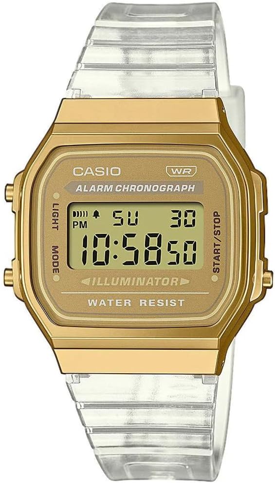 Casio Vintage A168XESG - 9ADF digital watch with a gold - tone metallic case and a transparent resin strap. - Al Kabayel Discount CentreCasio Vintage A168XESG - 9ADF digital watch with a gold - tone metallic case and a transparent resin strap.WatchesCASIOAl Kabayel Discount Centre