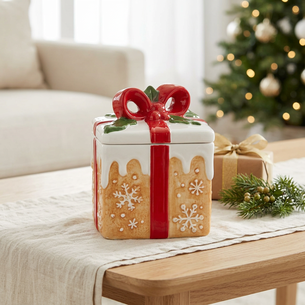 Ceramic Christmas Candy Jar with Bow Lid - 13×13cm