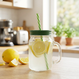 Mason Glass Jar with Handle & Straw Green - 500ml