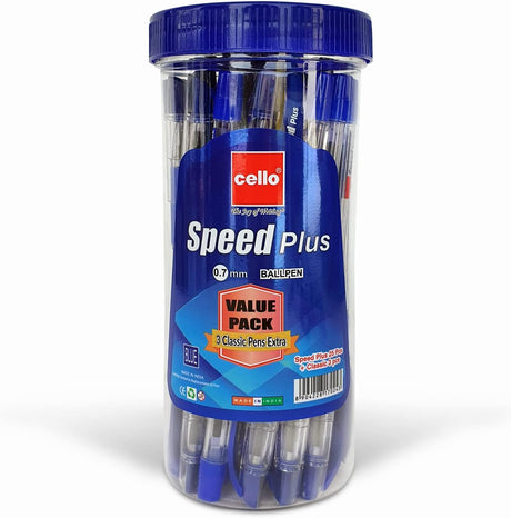 Cello Speed Plus Ball Pen 0.7mm Jar of 25Pcs Blue+3pcs, Smooth pressure - free writing - Al Kabayel Discount CentreCello Speed Plus Ball Pen 0.7mm Jar of 25Pcs Blue+3pcs, Smooth pressure - free writingPens, Pencils & MarkersCELLOAl Kabayel Discount Centre