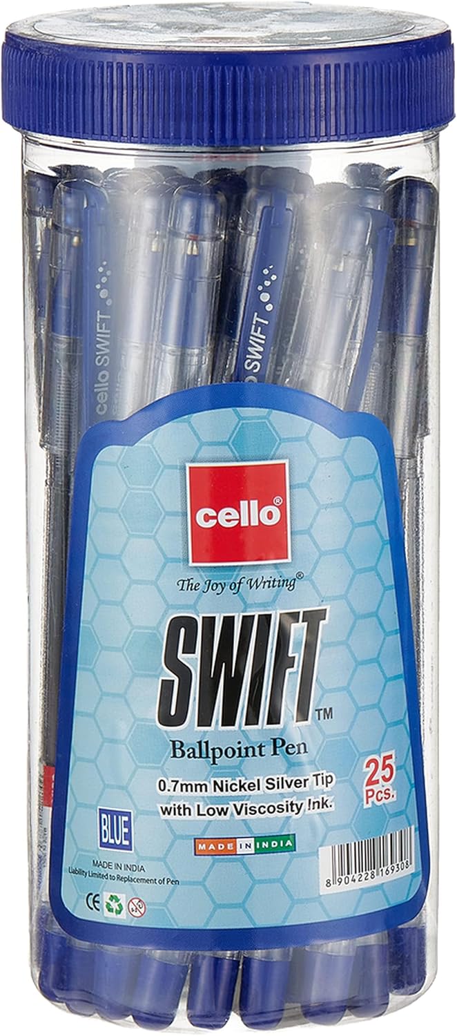 Cello SWIFT 7 - 25JB Swift Ball Pen 0.7mm Jar Of 25Pc Blue, Nickel Silver Tip With Low Viscosity Ink. - Al Kabayel Discount CentreCello SWIFT 7 - 25JB Swift Ball Pen 0.7mm Jar Of 25Pc Blue, Nickel Silver Tip With Low Viscosity Ink.Pens, Pencils & MarkersCELLOAl Kabayel Discount Centre