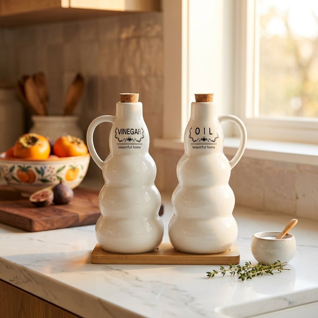 Ceramic Oil & Vinegar Bottle Set with Bamboo Tray 19cm - Al Kabayel Discount CentreCeramic Oil & Vinegar Bottle Set with Bamboo Tray 19cmOil DispensersAKDCAl Kabayel Discount Centre