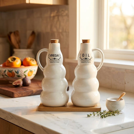Ceramic Oil & Vinegar Bottle Set with Bamboo Tray 19cm - Al Kabayel Discount CentreCeramic Oil & Vinegar Bottle Set with Bamboo Tray 19cmOil DispensersAKDCAl Kabayel Discount Centre