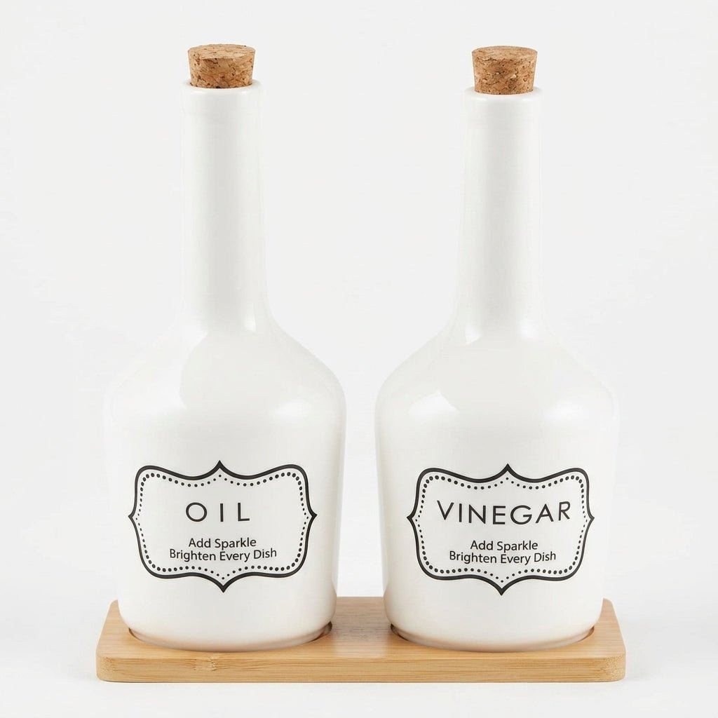 Ceramic Oil & Vinegar Bottle Set with Bamboo Tray 21 cm - Al Kabayel Discount CentreCeramic Oil & Vinegar Bottle Set with Bamboo Tray 21 cmOil DispensersAKDCAl Kabayel Discount Centre