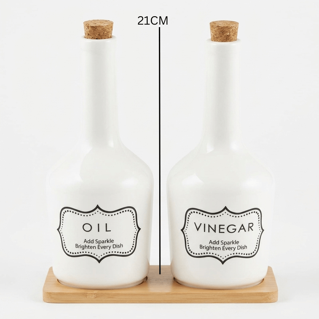 Ceramic Oil & Vinegar Bottle Set with Bamboo Tray 21 cm - Al Kabayel Discount CentreCeramic Oil & Vinegar Bottle Set with Bamboo Tray 21 cmOil DispensersAKDCAl Kabayel Discount Centre