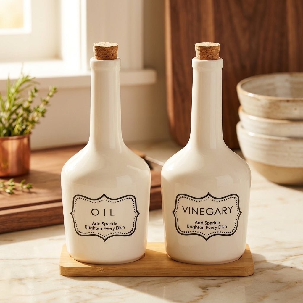 Ceramic Oil & Vinegar Bottle Set with Bamboo Tray 21 cm - Al Kabayel Discount CentreCeramic Oil & Vinegar Bottle Set with Bamboo Tray 21 cmOil DispensersAKDCAl Kabayel Discount Centre