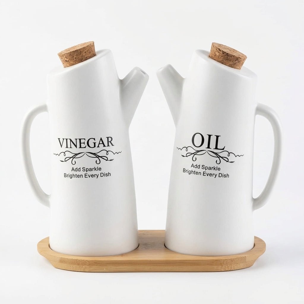 Ceramic Oil & Vinegar Bottle Set with Bamboo Tray - Al Kabayel Discount CentreCeramic Oil & Vinegar Bottle Set with Bamboo TrayOil DispensersAKDCAl Kabayel Discount Centre