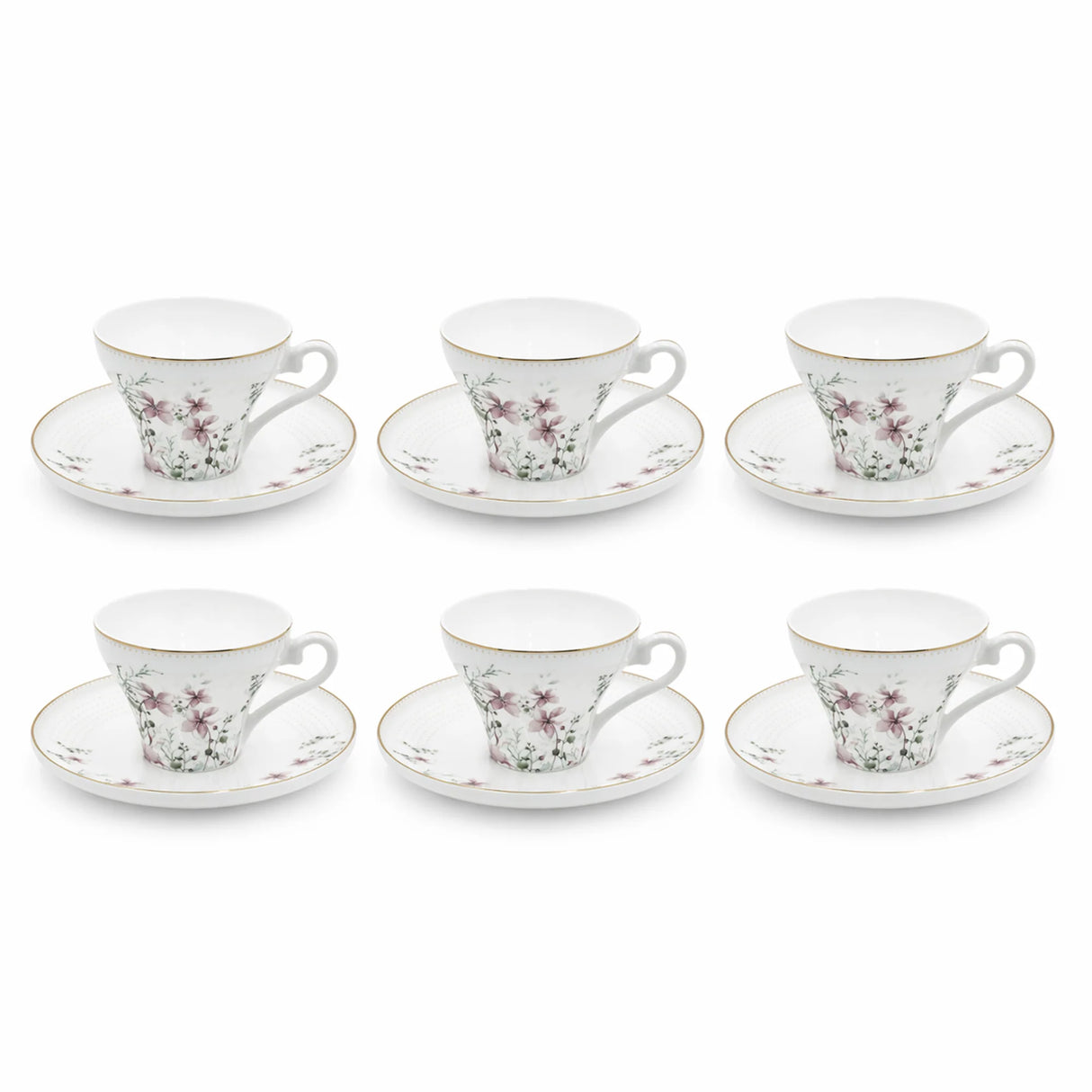 ABL GP-152 Ceramic Tea Cup & Saucer Set – 12 Pieces – Floral Pattern Tea Cups with Gold Rim & Matching Saucers