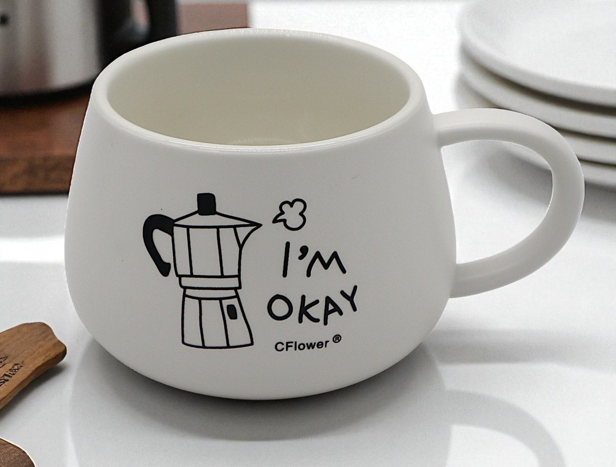 CFLOWER Porcelain Mug 400ml – White Cup with “I’m Okay” Text Design, Simple & Inspiring Mug for Coffee and Tea Lovers - Al Kabayel Discount CentreCFLOWER Porcelain Mug 400ml – White Cup with “I’m Okay” Text Design, Simple & Inspiring Mug for Coffee and Tea LoversMugsCFLOWERAl Kabayel Discount Centre