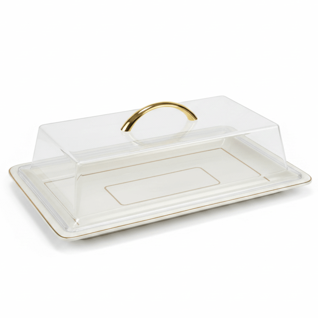 Christian Verucci Rectangle Off-White Ceramic Flat Plate with Clear Acrylic Cover & Gold Handle – 15 Inch | Elegant Serving Platter for Majlis, Dining & Gifting - Al Kabayel Discount CentreChristian Verucci Rectangle Off-White Ceramic Flat Plate with Clear Acrylic Cover & Gold Handle – 15 Inch | Elegant Serving Platter for Majlis, Dining & GiftingServing TrayCHRISTIAN VERUCCIAl Kabayel Discount Centre