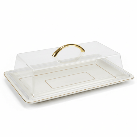 Christian Verucci Rectangle Off-White Ceramic Flat Plate with Clear Acrylic Cover & Gold Handle – 15 Inch | Elegant Serving Platter for Majlis, Dining & Gifting - Al Kabayel Discount CentreChristian Verucci Rectangle Off-White Ceramic Flat Plate with Clear Acrylic Cover & Gold Handle – 15 Inch | Elegant Serving Platter for Majlis, Dining & GiftingServing TrayCHRISTIAN VERUCCIAl Kabayel Discount Centre